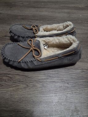 UGG Grey Suede Moccasin Slippers with Sheepskin Lining